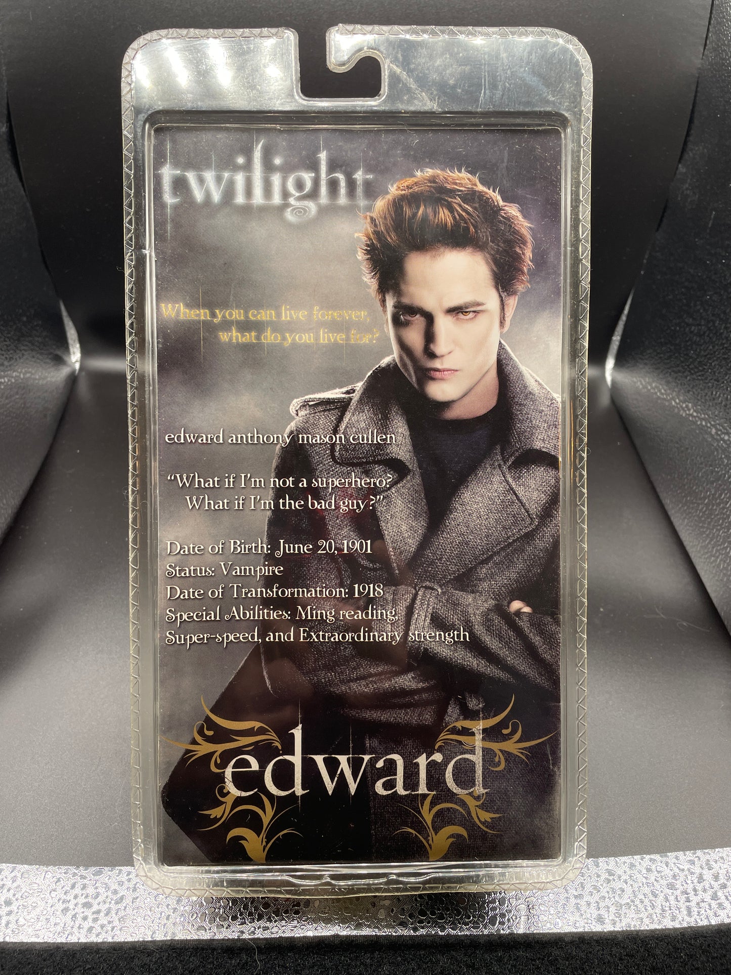 Twilight: Edward Cullen Action Figure (Still in box) Mind misspelled as "ming"on back of package