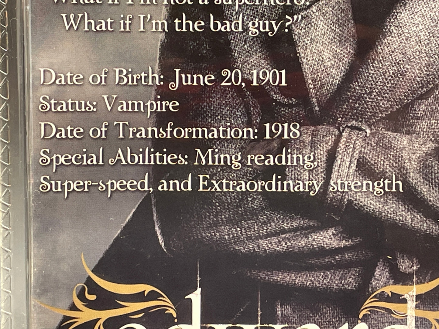 Twilight: Edward Cullen Action Figure (Still in box) Mind misspelled as "ming"on back of package