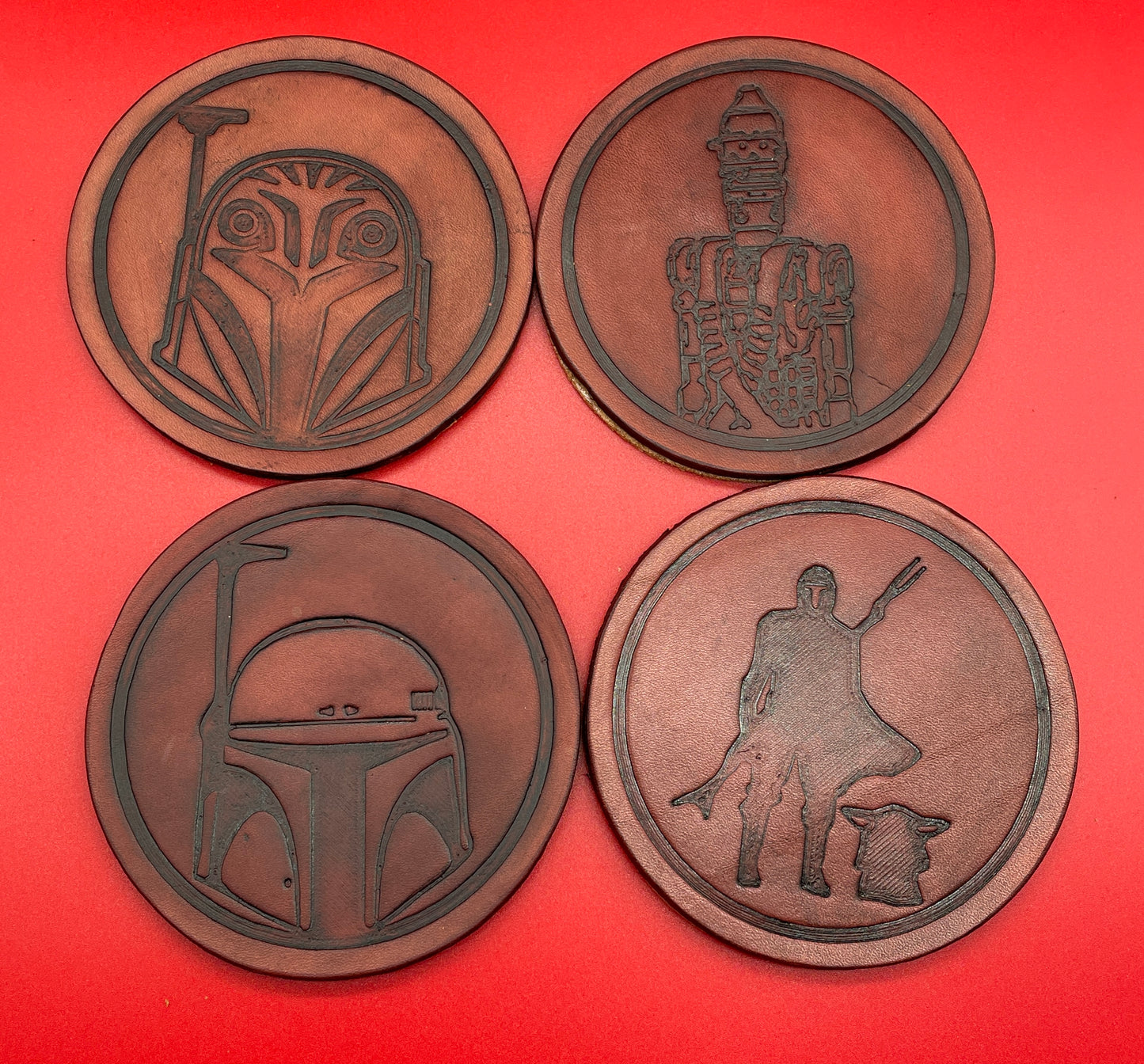 Lord Elemere's Mandolorian Custom made 4-pack leather drink coasters with holder