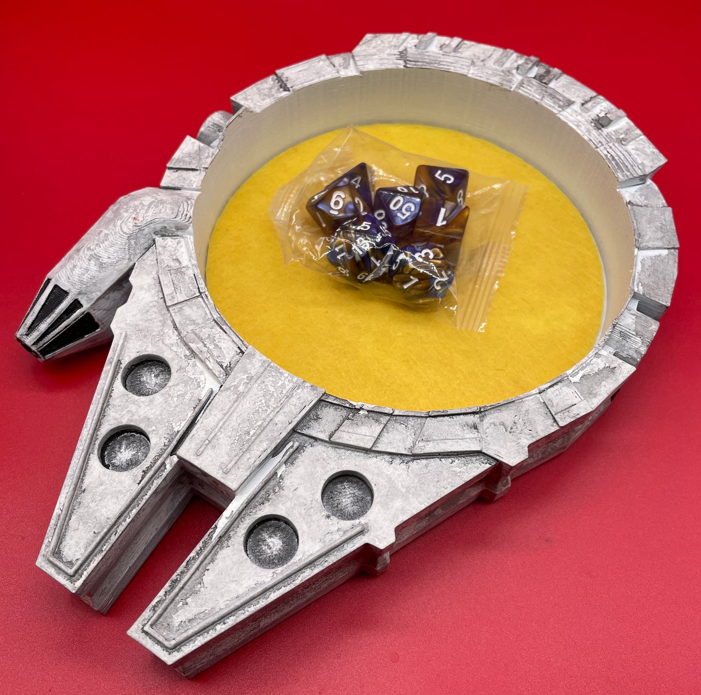 Lord Elemere’s Millenium Falcon Dice Tray with Dice (Yellow Felt Version)