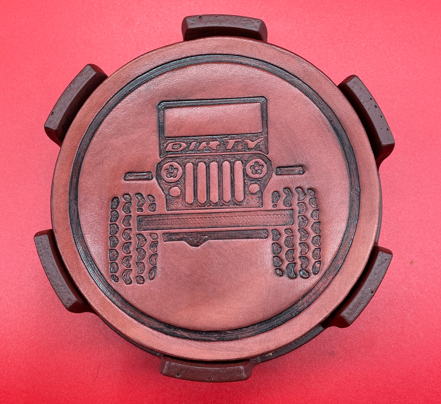 Lord Elemere's Jeep Custom made 4-pack leather drink coasters with holder