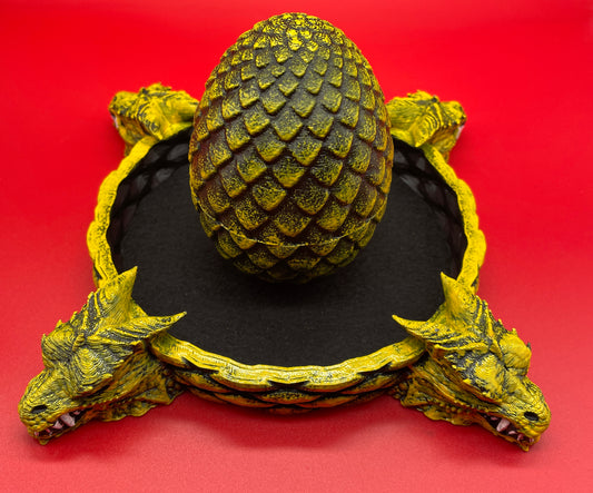 Lord Elemere's Dragon Egg Dice Shaker and tray with matching dice. Yellow / Black Version