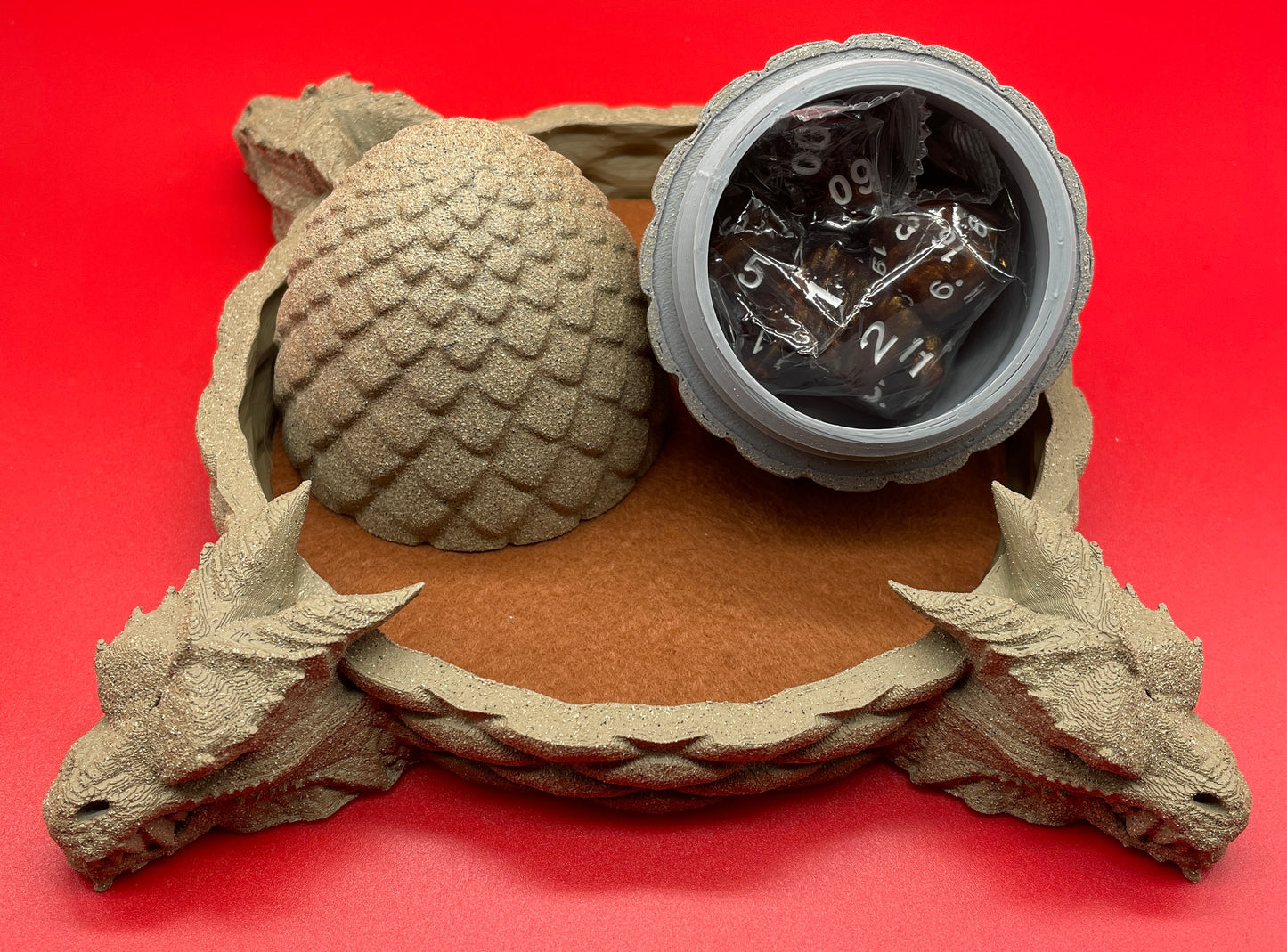 Lord Elemere's Dragon Egg Dice Shaker and tray with matching dice. Sand / Brown version