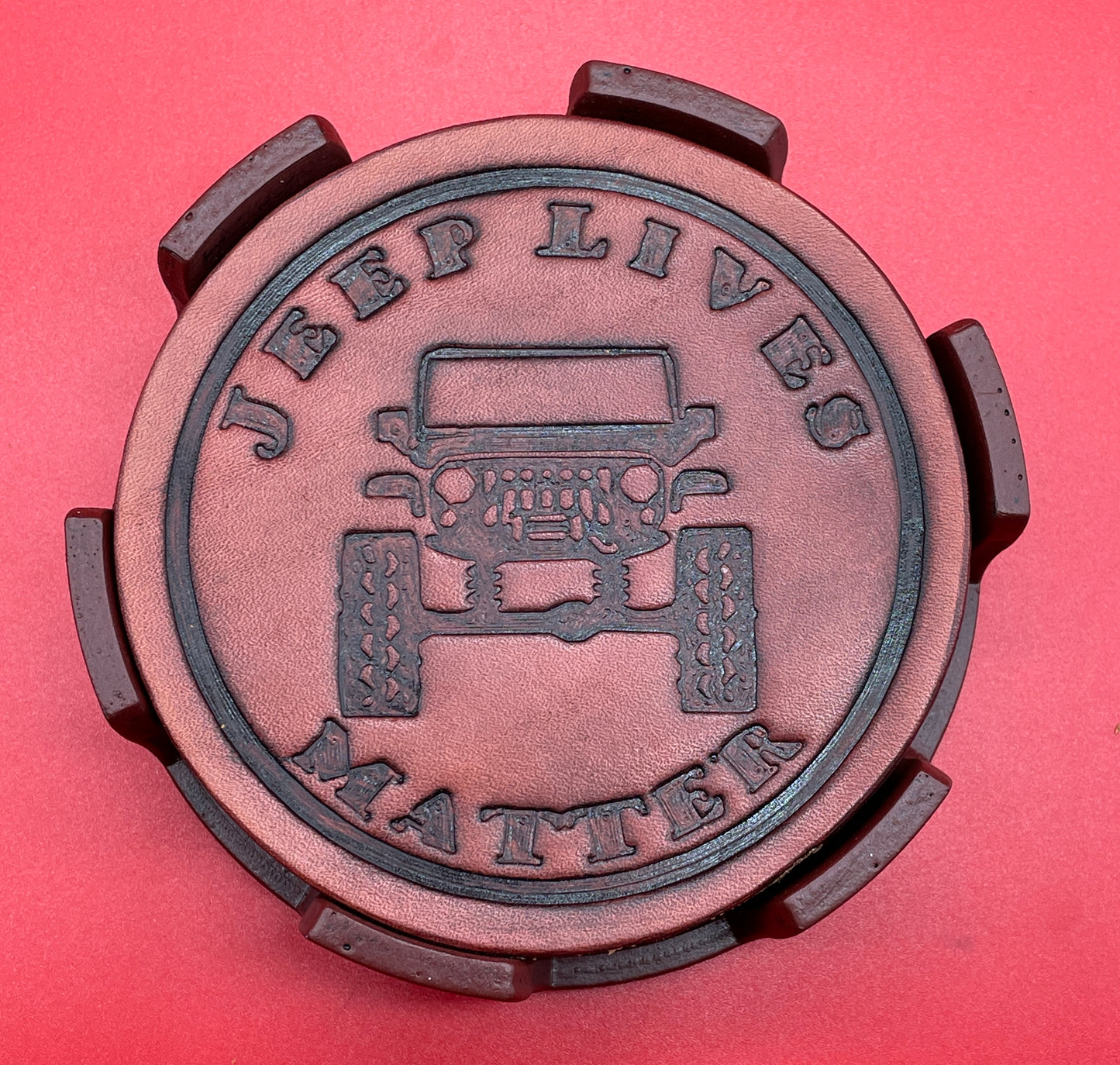 Lord Elemere's Jeep Custom made 4-pack leather drink coasters with holder