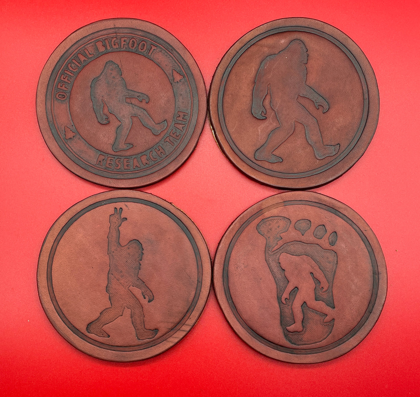 Lord Elemere's Bigfoot themed Custom made 4-pack leather coasters with holder