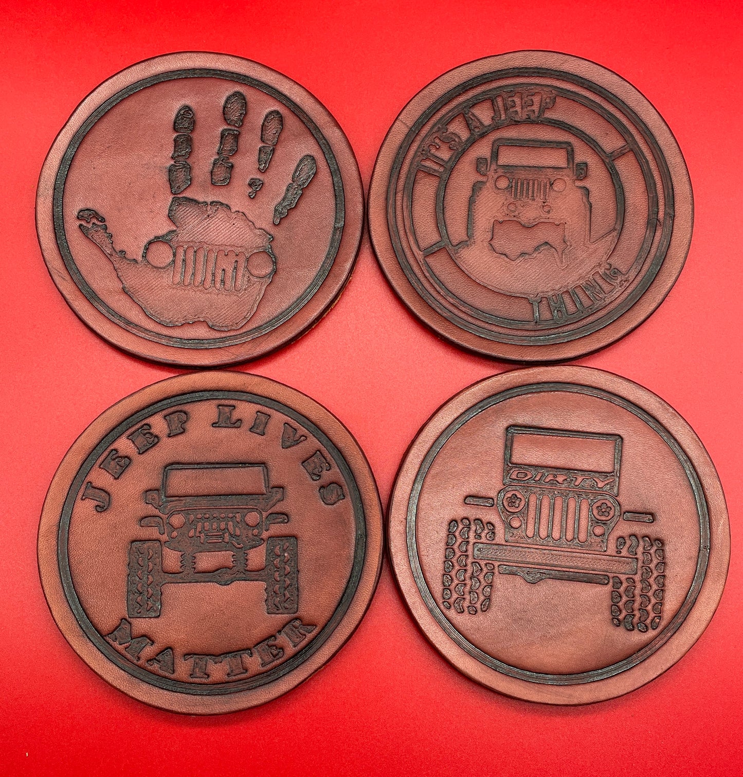 Lord Elemere's Jeep Custom made 4-pack leather drink coasters with holder