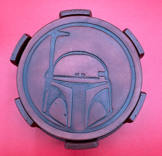 Mandolorian Custom made 4-pack leather drink coasters with holder