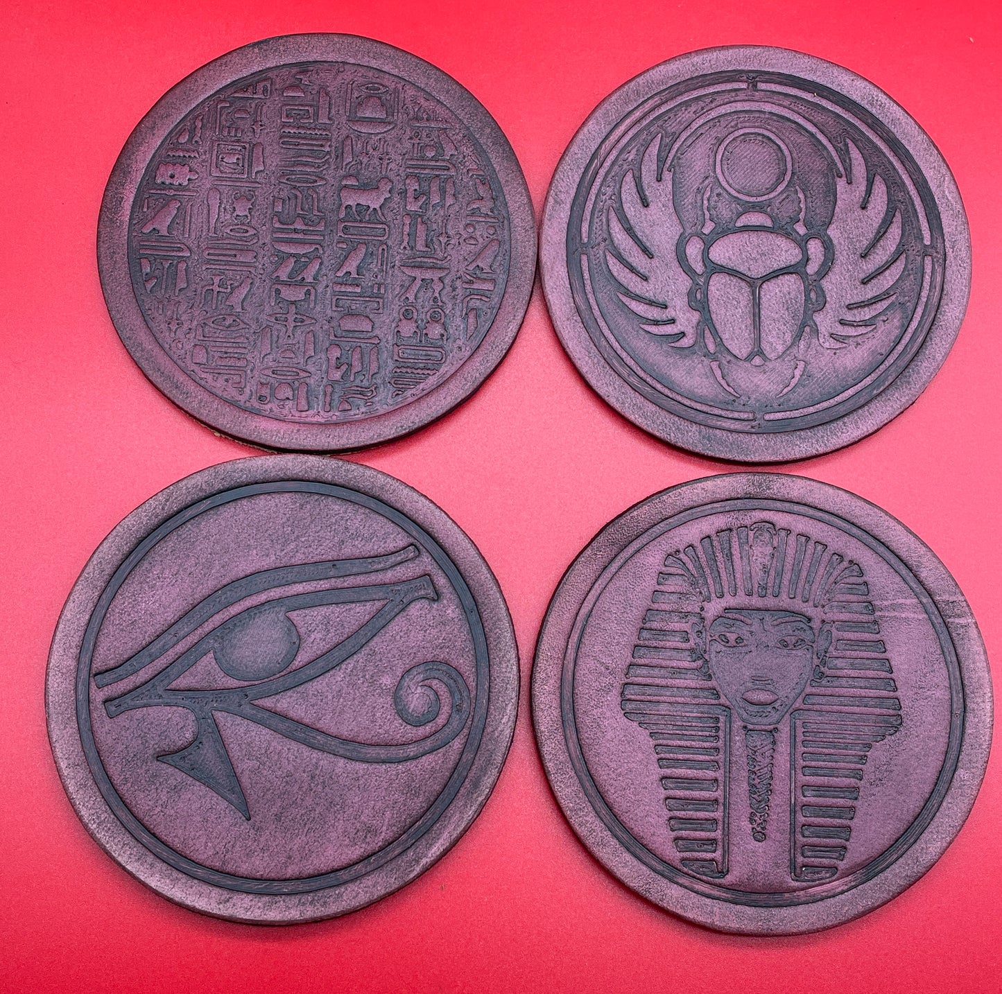 Lord Elemere's Egyptian themed Custom made 4-pack leather coasters with holder