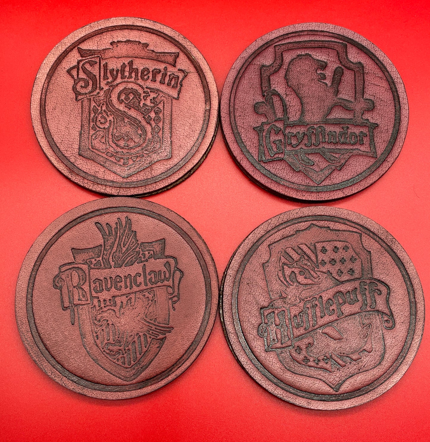 Lord Elemere's Harry Potter Custom made 4-pack leather coasters with holder