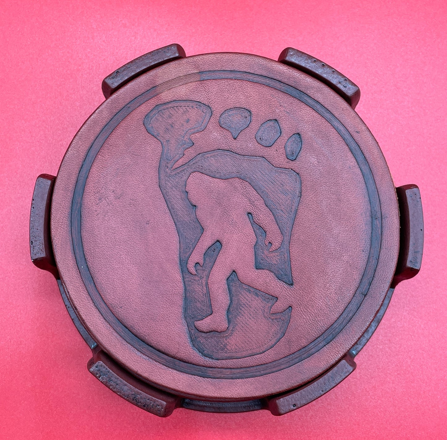 Lord Elemere's Bigfoot themed Custom made 4-pack leather coasters with holder