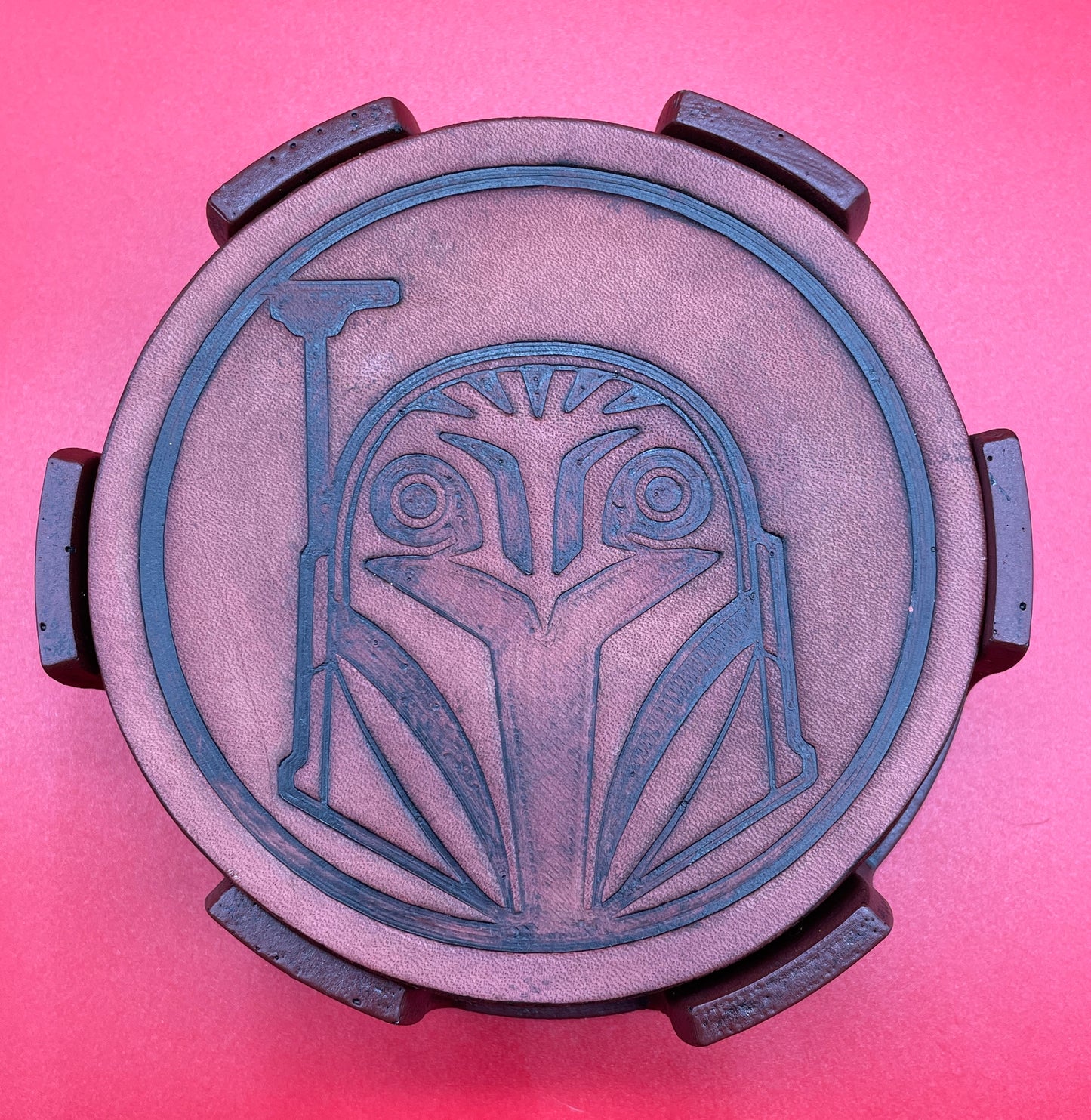 Lord Elemere's Mandolorian Custom made 4-pack leather drink coasters with holder