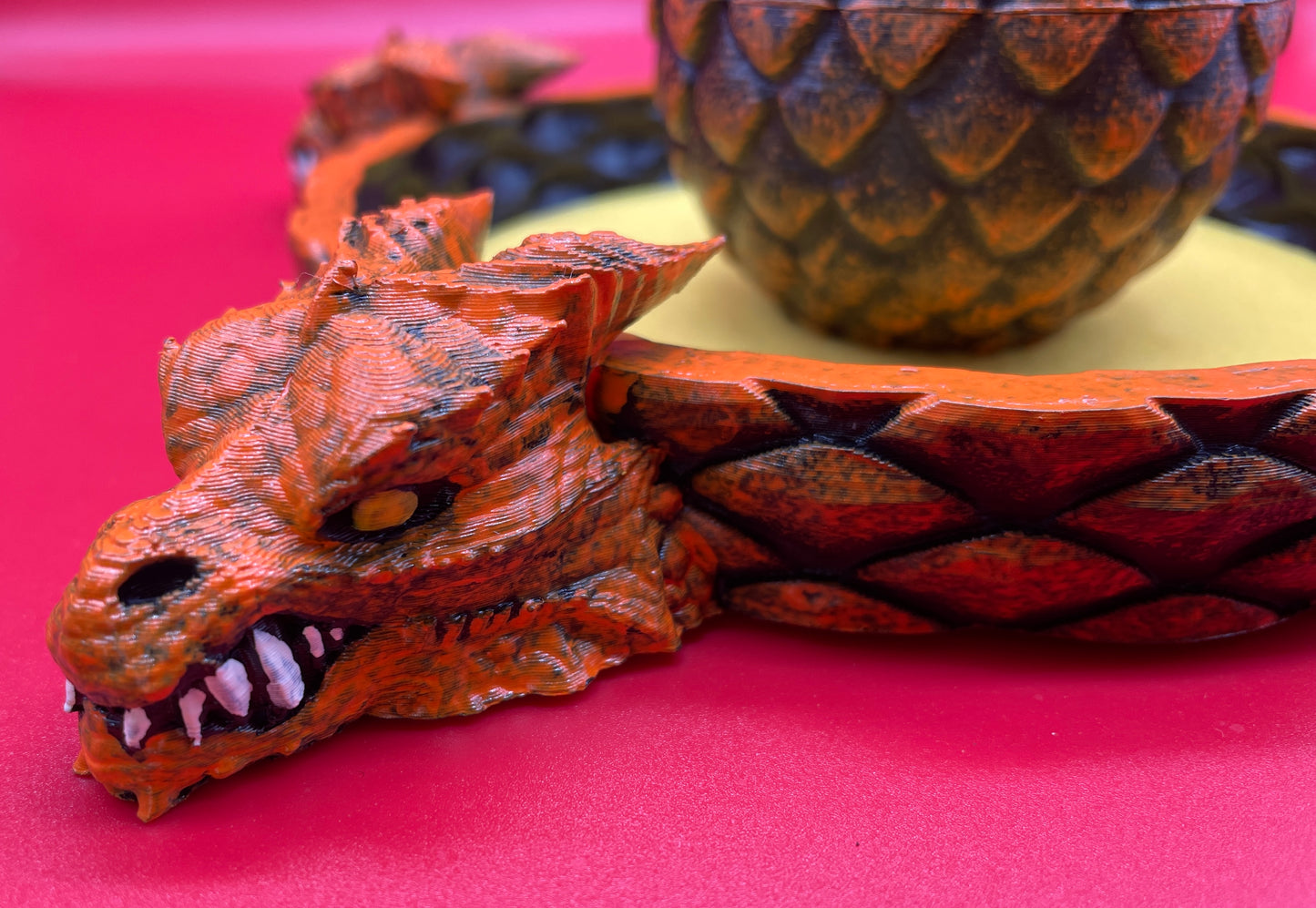 Lord Elemere's Dragon Egg Dice Shaker and tray with matching dice. Orange / Yellow version