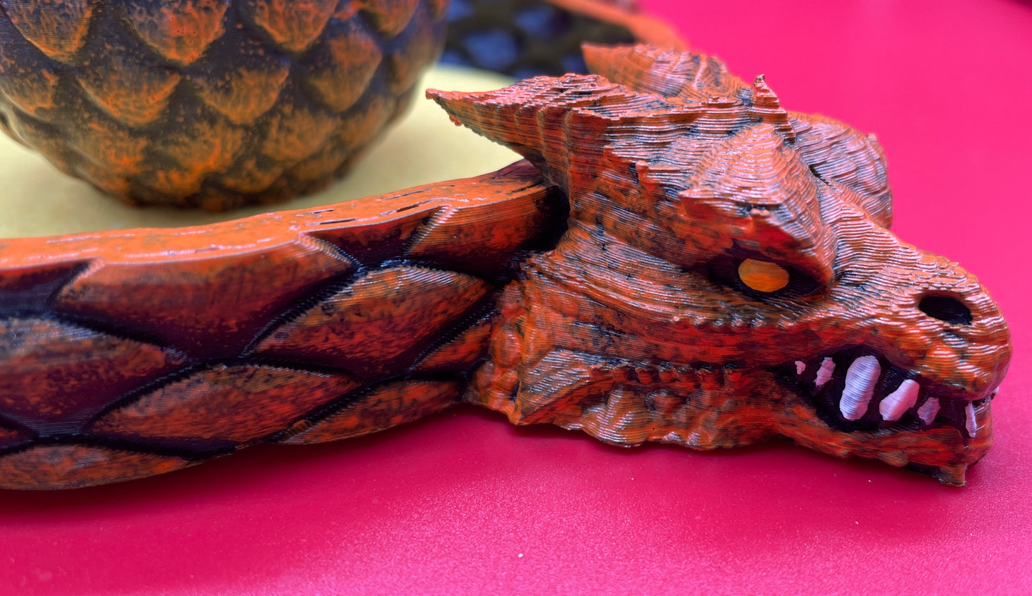 Lord Elemere's Dragon Egg Dice Shaker and tray with matching dice. Orange / Yellow version